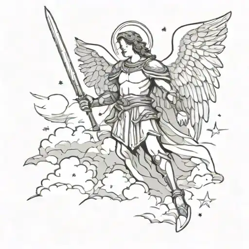 Archangel Michael holding a sword and standing on a demon, clouds in the background with stars tattoo design idea