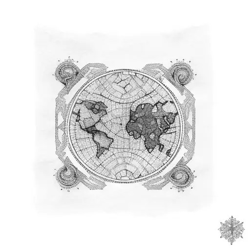 A blackwork tattoo featuring a map of the world with key locations from the client's travels highlighted, surrounded by intricate Celtic knotwork to represent their love for both world traveling and Celtic heritage. tattoo design idea