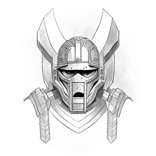 A disabled veteran wearing a centurion helmet, with inner demons/dragons emerging from the helmet, in a sketch style tattoo design idea