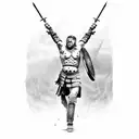 A dotwork tattoo showcasing a Roman gladiator in a fierce battle, capturing the client's interest in ancient Roman culture and their resilience as a disabled veteran. tattoo design idea