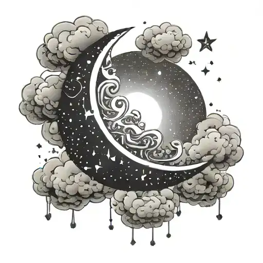 crescent moon in the clouds with stars shining brightly tattoo design idea