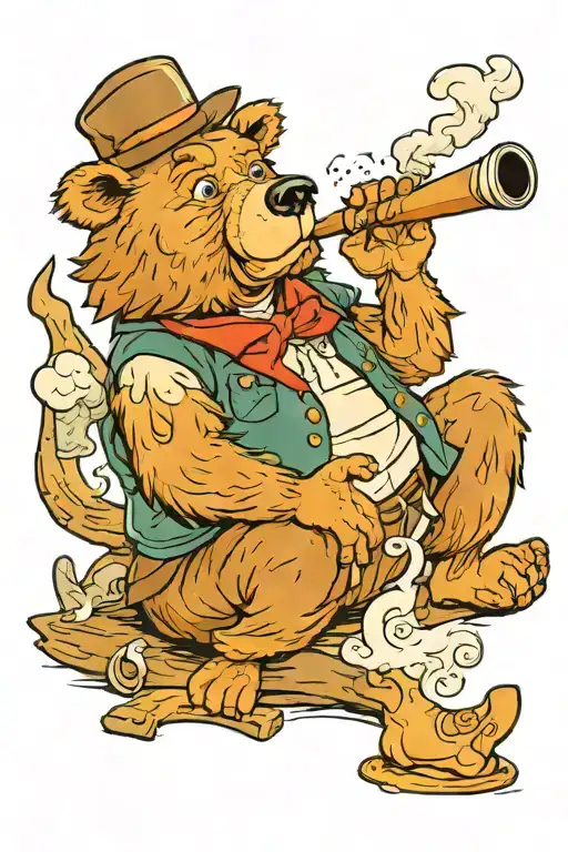 brown bear sitting smoking a gandolf pipe and wearing a classic explorers outfit. Wings of wildflows sorround him tattoo design idea