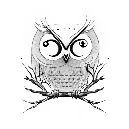 A whimsical owl perched on a tree branch, with each branch representing a different member of your family tattoo design idea