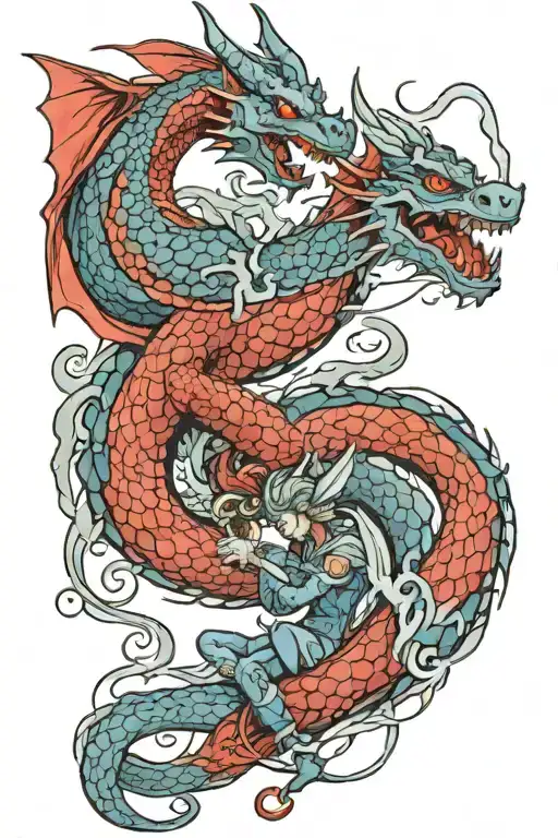 Dragon and fairy engaged by red string  tattoo design idea