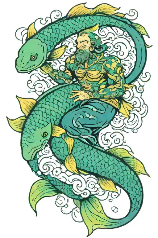 tattoo with green blue aquarius sey man with swiming koi fish tattoo design idea
