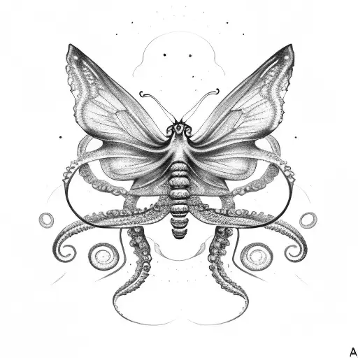 A butterfly sits on the tentacle of an octopus tattoo design idea