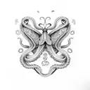 A butterfly sits on the tentacle of an octopus tattoo design idea