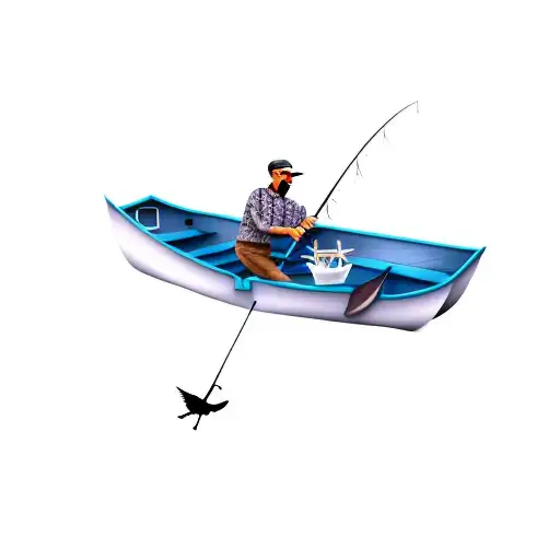 a man fishing in a boat and a seagull over him tattoo design idea