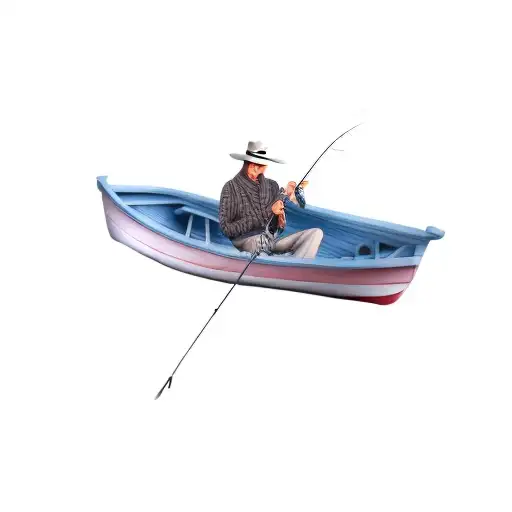 a man fishing in a boat and a seagull over him tattoo design idea
