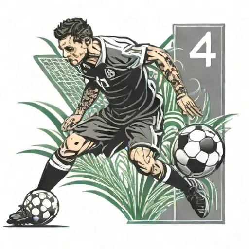 Draw a soccer player number. 4 on their backs with a ball on their feet on a grass field and the Cordoba logo in the background tattoo design idea