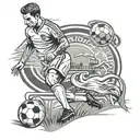 Draw a soccer player on his back with the ball on his foot on a grass field and the Cordoba logo in the background. tattoo design idea