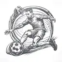 Draw a soccer player on his back with the ball on his foot on a grass field and the Cordoba logo in the background. tattoo design idea