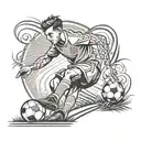 Draw a soccer player on his back with the ball on his foot on a grass field and the Cordoba logo in the background. tattoo design idea