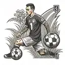 Draw a soccer player number. 4 on their backs with a ball on their feet on a grass field and the Cordoba logo in the background tattoo design idea