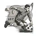 Draw a soccer player number. 4 on their backs with a ball on their feet on a grass field and the Cordoba logo in the background tattoo design idea