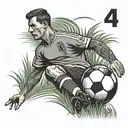 Draw a soccer player number. 4 on their backs with a ball on their feet on a grass field and the Cordoba logo in the background tattoo design idea