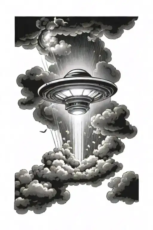 A UFO surrounded by clouds with a light beam with sparkling dust tattoo design idea