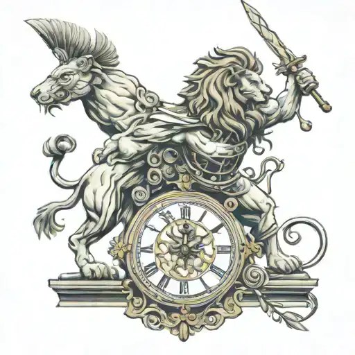 Lion clock and gladiators fighting tattoo design idea
