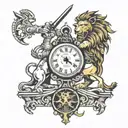 Lion clock and gladiators fighting tattoo design idea