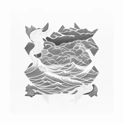 A blackwork design of a dark and mysterious sea with waves crashing against rocks, reflecting your love for the sea and darkness tattoo design idea