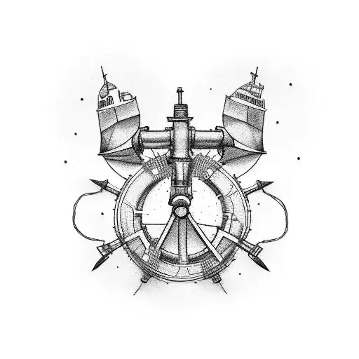 minimal tattoo with ship's propeller and ships anchpr tattoo design idea