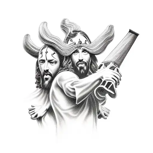 A new-school tattoo of Jesus and Cerberus rocking out on a stage made of paintbrushes tattoo design idea