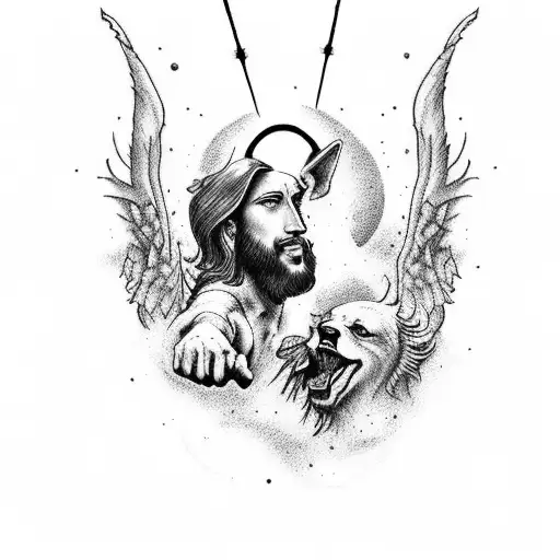 A new-school tattoo of Jesus and Cerberus rocking out on a stage made of paintbrushes tattoo design idea