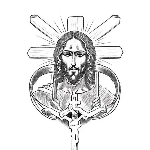 Jesus on the cross and Cerberus chained at his feet tattoo design idea
