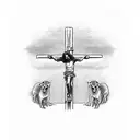 Jesus on the cross and Cerberus chained at his feet tattoo design idea