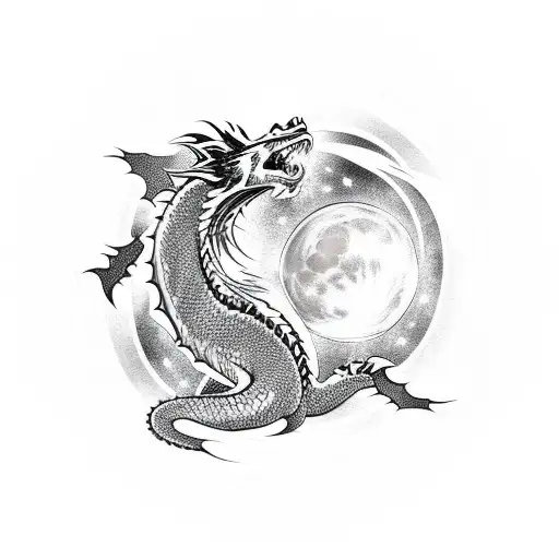 Dragon, wolf, volcano, moon, stars, labyrinth,  tattoo design idea