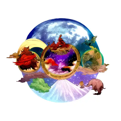 Dragon, wolf, volcano, moon, stars, labyrinth,  tattoo design idea
