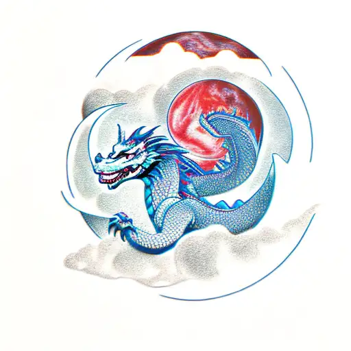 Dragon, wolf, volcano, moon, stars, labyrinth,  tattoo design idea