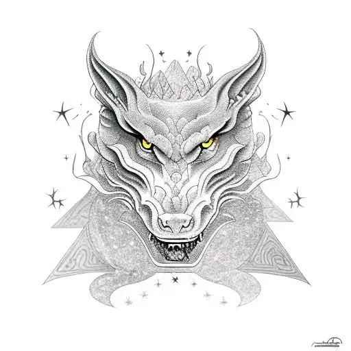 Dragon, wolf, volcano, moon, stars, labyrinth,  tattoo design idea