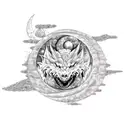 Dragon, wolf, volcano, moon, stars, labyrinth,  tattoo design idea