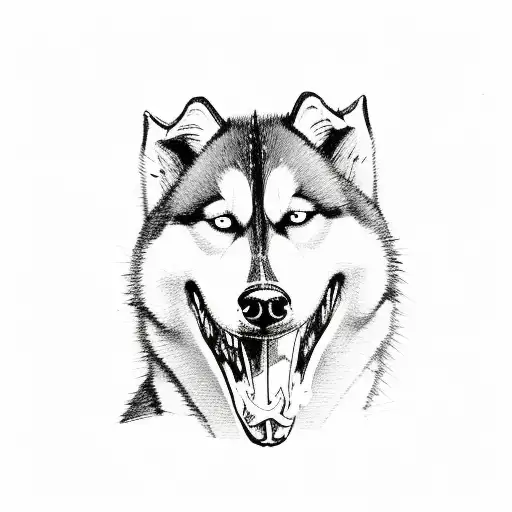 A sketch-style depiction of a husky biting into a bone with its teeth tattoo design idea