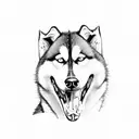 A sketch-style depiction of a husky biting into a bone with its teeth tattoo design idea