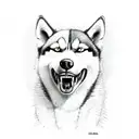 A sketch-style depiction of a husky biting into a bone with its teeth tattoo design idea