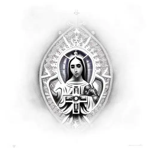 Nossa senhora de guadalupe, são Miguel arcanjo e a medalha de são bento tattoo design idea