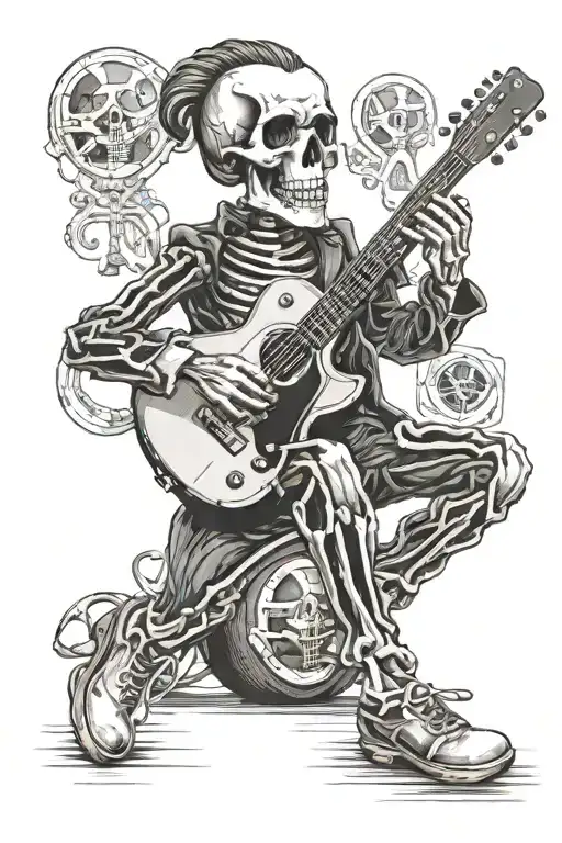 skeleton with elvis presley hair type playing classic guitar with a football on his foot tattoo design idea