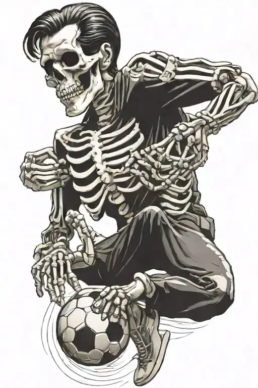 skeleton with elvis presley hairstyle running playing football tattoo design idea