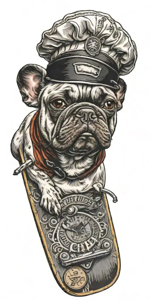 A french Bulldog wearing a chef's hat and holding a skateboard tattoo design idea