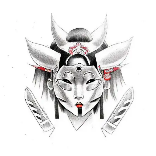 japanese girl with an anbu mask that is cut in half tattoo design idea