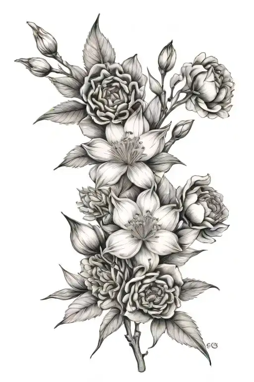 Carnation daffodil pink cherry blossom hawthorn peony  tattoo design idea