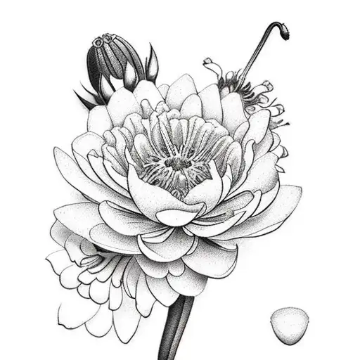 bouquet of Carnation and Peony and Water Lilly and Larkspur and Poppy and Gladius and Cosmos and Merigold tattoo design idea