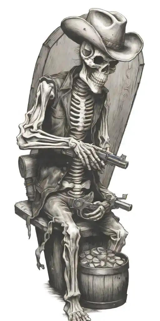 skeleton sitting at a laptop with a colt revolver in his lap and a cowboy hat on his head sitting on a whiskey barrel tattoo design idea