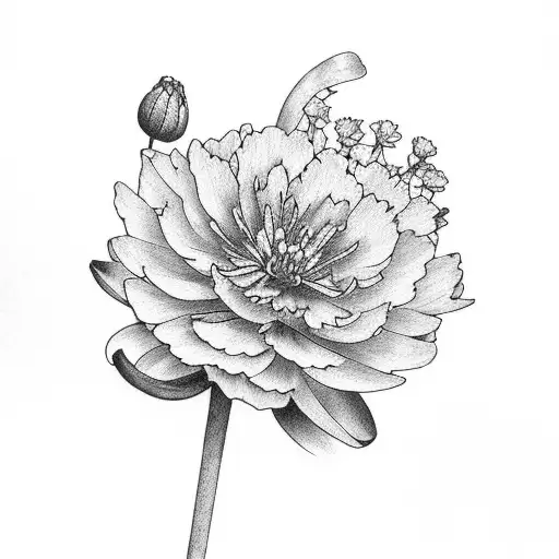 Carnation and Peony and Water Lilly and Larkspur and Poppy and Gladius and Cosmos and Merigold tattoo design idea