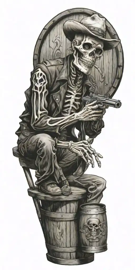 skeleton sitting at a laptop with a colt revolver in his lap and a cowboy hat on his head sitting on a whiskey barrel tattoo design idea