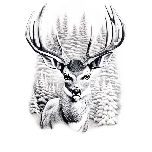 mule deer in pine trees tattoo design idea