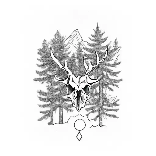 Mule Deer skull in pine trees tattoo design idea