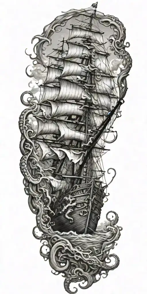 ship kraken emerging tattoo design idea